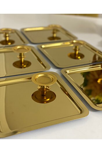 SEVA ÇELİK 2 Models 6-Piece Gold Square Tray and 6-Piece Gold Macaron Holder