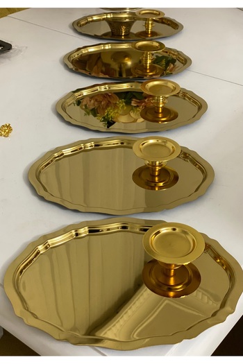 SEVA ÇELİK 2 Model Gold Oval Tray 25 cm and Gold Macaron Holder Set of 6