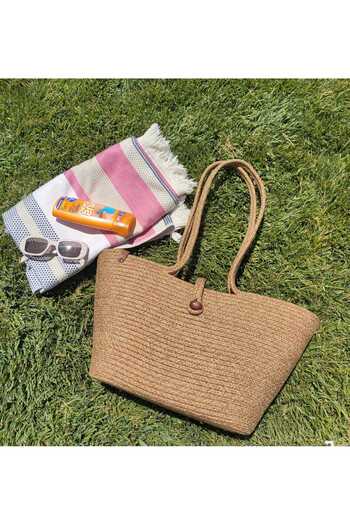REYGON TEKSTİL Straw Color Button Shoulder Bag Beach Bag Casual Handbag Long Handle