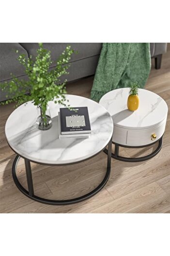 Türkiye Coffee Table Nesting Table Round Coffee Table with Storage Suitable Black Frame Round Marble Pattern