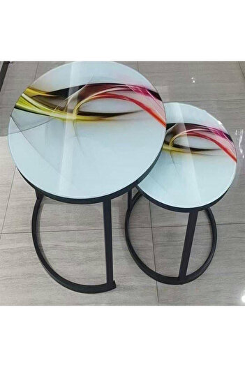 Türkiye Nesting Coffee Table Set of 2, Modern Round Coffee Table, Ceramic Rock Slabs, Metal Frame for Living