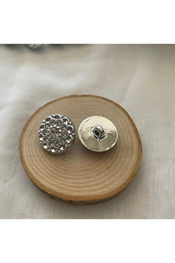 Bukle İplik Crystal Stone Detailed Flower Motif Ethnic Metallized Plastic Bottom Hole 2.15 cm Button (6 Pcs)