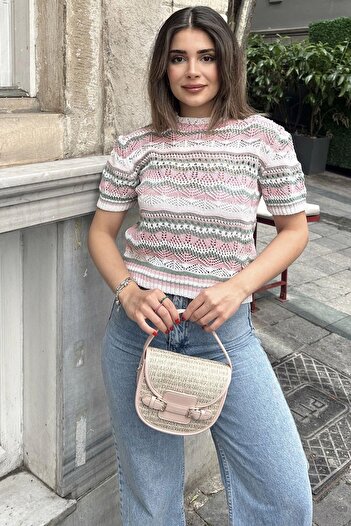 NEW LAVİVA Ecru Women's Knitwear Blouse - Short Sleeve, Anti-Sweat, Loose Fit