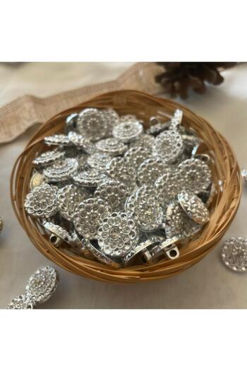 Bukle İplik Crystal Stone Detailed Flower Motif Ethnic Metallized Plastic Bottom Hole 2.15 cm Button (6 Pcs)