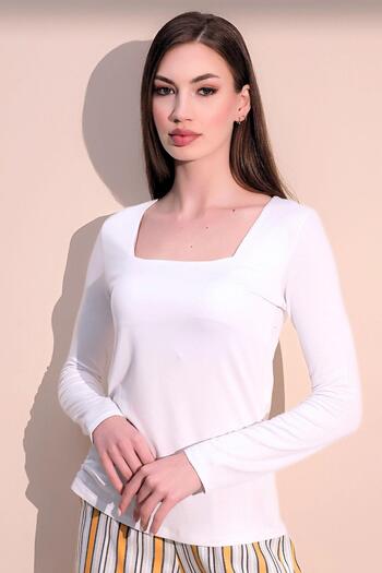 NEW LAVİVA Γυναικεία μακρυμάνικη μπλούζα σε λευκό casual στυλ Basic τετράγωνο λαιμό