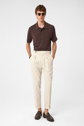 Antioch Stone High Waist Side Buckle Pleated Fabric Trousers