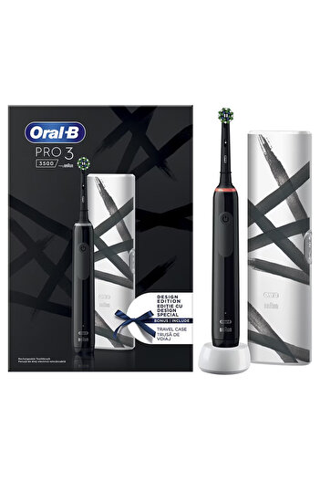 Oral-B Periuță de dinți electrică Pro 3 3500, curățare 3D, 3 programe, 1 încărcător, 1 cap de periuță, kit de călătorie, neagră