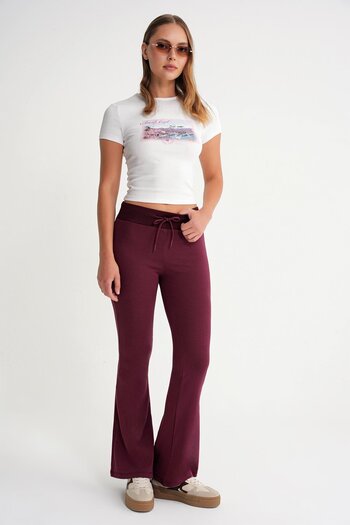 Mixray 2017 Women's High Waist Spanish Leg Knitted Lace-Up Leggings Burgundy