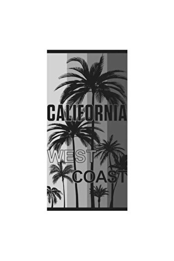 Welora Beach Towel with 'California West Coast' Text and Palm Tree Pattern, Cotton, 150x75cm, Gray-Black