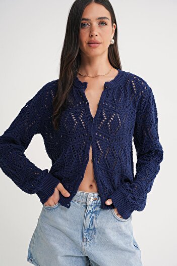 Mixray 6934 Women's Diamond Patterned Seasonal Openwork Cardigan Navy Blue