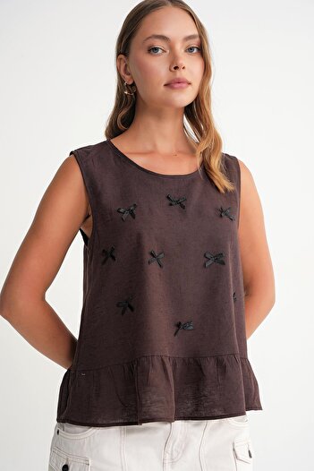 Mixray 4718 Women's Bow Detailed Ruffled Linen Blouse Brown