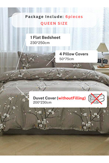 LUNA HOME Queen size 6 pieces, duvet cover set, plum blossom branch flower design 200x230cm.