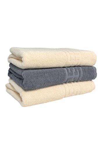 OEM Set 3 facial towels, Cotton, Bicolor, Greek Border, 500g/m², 50x90cm, Ivory-Grey