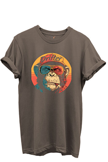 WİDİ Drifter Written Colorful Glasses Monkey Printed 100% βαμβακερό μαύρο μπλουζάκι Unisex με κανονική εφαρμογή
