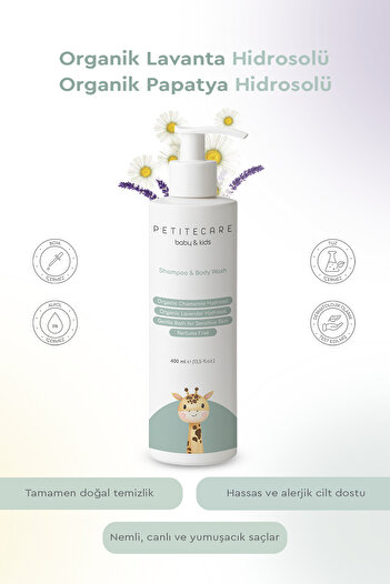 PETITECARE baby&kids Organik Yenidoğan, Bebek, Çocuk Saç ve Vücut Şampuanı, Parfümsüz, Organik Sertifikalı İçerik, 400 ML
