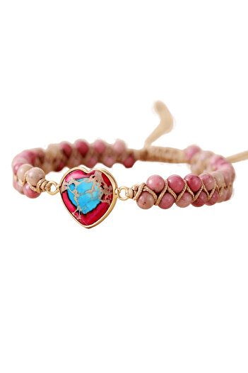 Belora Handmade Double Heart Chakra Energy Bracelet, Stone, Adjustable - Red/Blue
