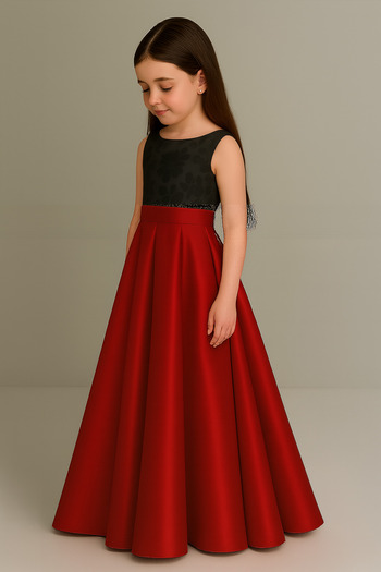 NSMLİFE Girl's Red Satin Pleated Kilos Skirt, Mother and Daughter Matching Skirt