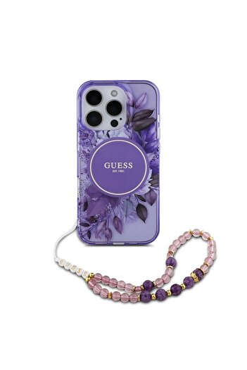 Guess Protective Case Compatible with Apple iPhone 16 Pro, IML Flowers, Pearl Strap, Silicon, Purple