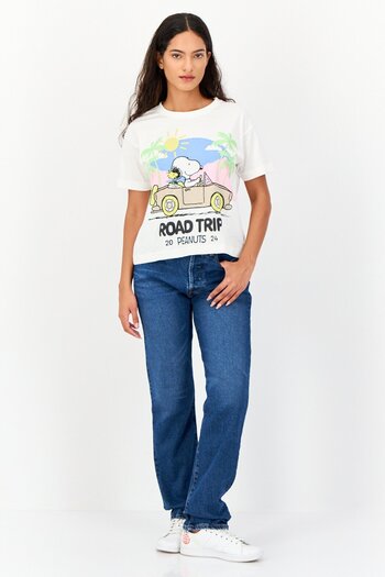 PEANUTS Women Crew Neck Short Sleeves Graphic Print Crop T-Shirt, Off White