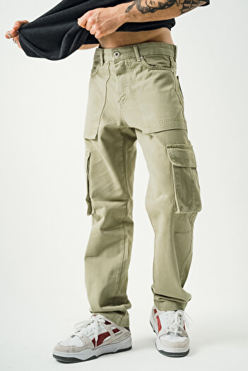 Denim Republic Men's Khaki Cargo Pocket Baggy Trousers