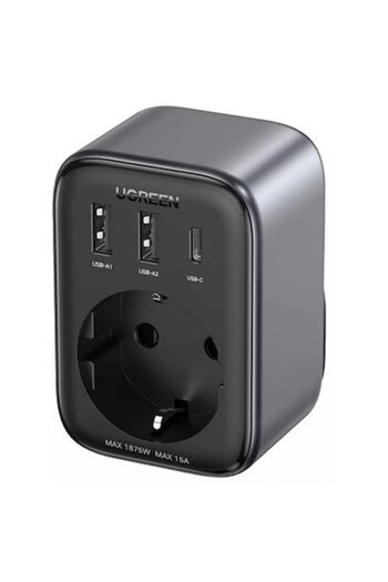Ugreen Charging Adapter, US to EU, 1 x Schuko, 2 x USB-A, USB-C, 30W, Polycarbonate, Black