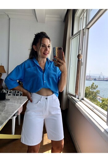 Gözde Tasarım Butik Women's White Color Without Lycra City Size Long Denim Shorts