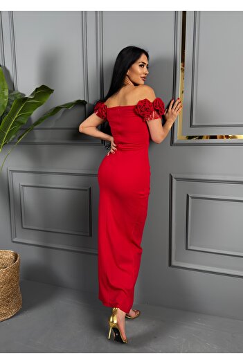 1Moda1Tarz Imported Fabric Madonna Collar Stone Embroidered Rose Detailed Lined Special Design Evening Dress