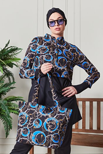 Modabenna Hijab Swimsuit Set of 3 Patterned Fully Covered Adjustable Elastic Waist Zippered Parachute