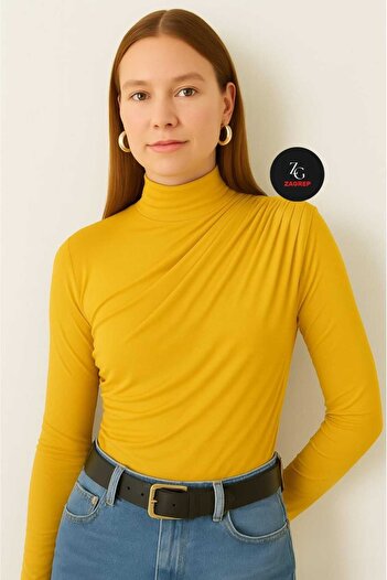 Zagrep Yellow Gather Detailed Half Turtleneck Blouse