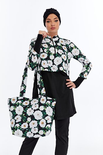 Modabenna Hijab Swimsuit Set of 3 Patterned Fully Covered Adjustable Elastic Waist Zippered Parachute