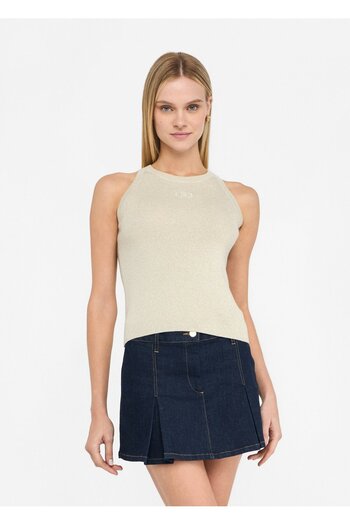 Liu Jo Women's Slim Fit Round Neck Sleeveless Knitted Beige Blouse Uf5277Ma76Q-04120