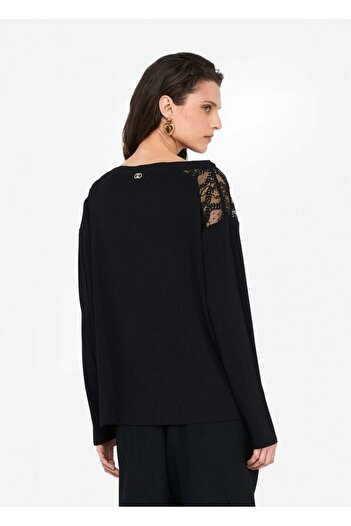 Liu Jo Women's Comfortable Fit Shoulders Tulle Patterned Stretchy Fabric Long Sleeve Black Blouse Tf5186Js360-A3370
