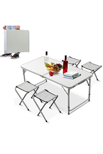 PROCART Camping table set with 4 chairs, adjustable table height, non-slip feet, aluminum, silver