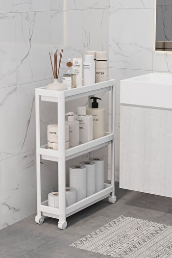 LIUWA 3-Tier White Bathroom and Kitchen Shelf - Serving Stand Organizer with Wheels(Peggywhite)