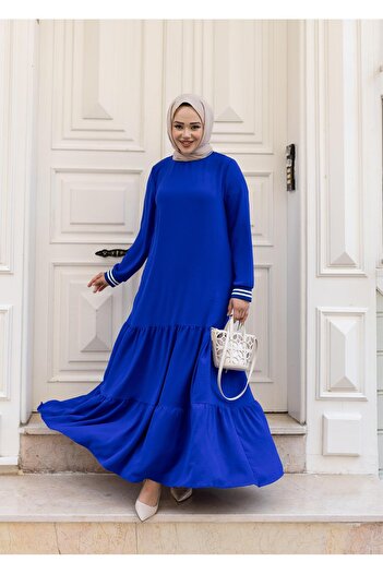 Hb Harma Time Butik Women's Layered Ribbed Blue Hijab Dress