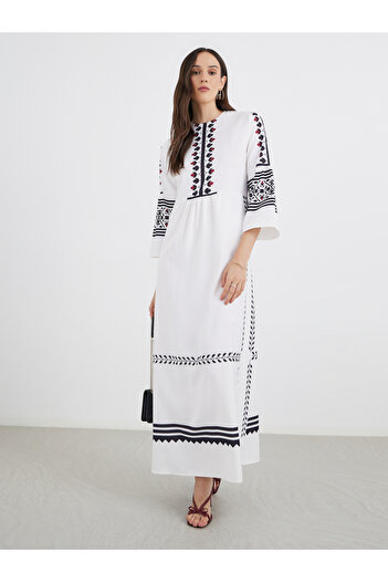 Styli Border Print 3/4 Sleeves A-Line Maxi Dress