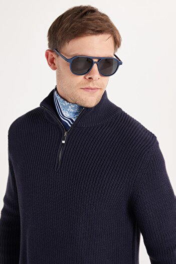 Tudors Men's Slim Fit Slim Fit Zippered Navy Blue Stand Collar Sweater