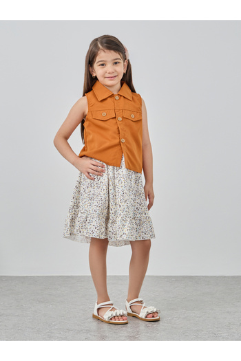 Styli Floral Print Dress and Collared Waistcoat Set