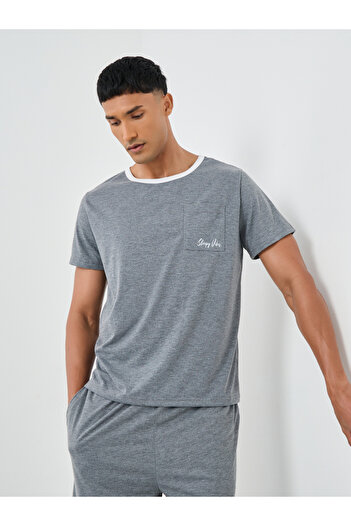 Styli Contrast Neck T-Shirt with Slogan Print Pocket and Shorts Set