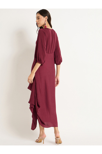 Styli Burgundy Satin Front Twisted Maxi Dress