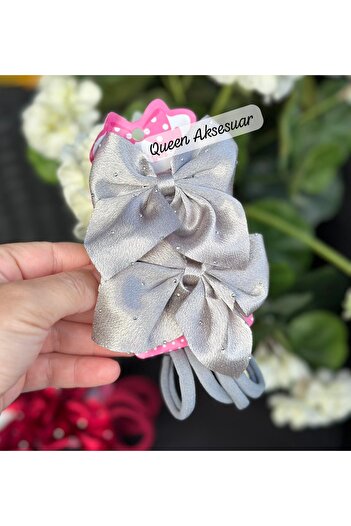 QUEEN AKSESUAR Luxury Stoned Satin Clip 2-Piece Bow Buckle 4-Piece Rubber Towel Buckle Set Gray