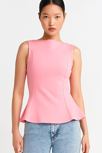 Dilvin 21001 Boat Neck Peplum Top-Powder Pink