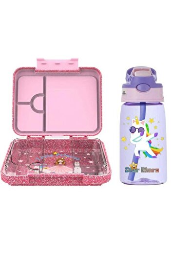 StarMarz - Little Princes Pink Bento Glitter Lunch Box with Plastic Water Bottle Dancing Unicorn (48