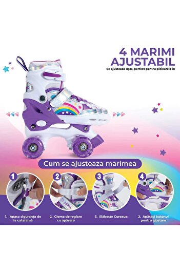 Elindor Patine cu role reglabile pentru copii și adulți, 4 roți luminoase, curcubeu, mărimea XS 26-30, violet