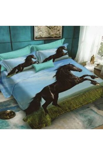 Ralex Double Bed Linen Cotton Finet 3D 6 Pieces 220 x 240 cm, Horse Landscape, Blue Black, Pucioasa FN 3D