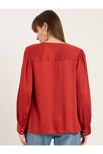 Femmella By Styli Rust Dual Button Detail V Neck Top
