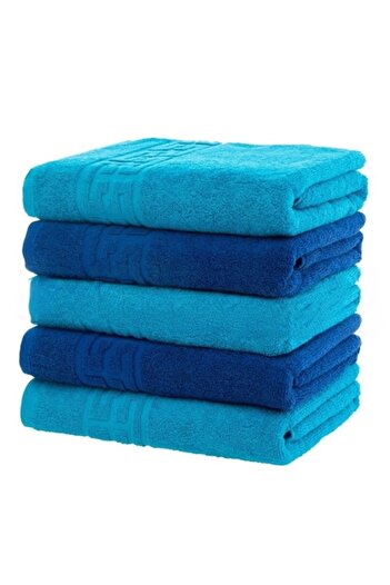 OEM Set 5 prosoape de maini, Bumbac, Bicolor, Bordura Greceasca, 500g/m², 30x50cm, Turcoaz-Bleumarin