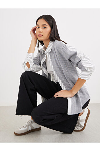 Styli Striped Grey Shirt with Spread Collar