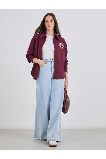Styli Burgundy Printed Chest Pocket Zipped Oversized Shirt