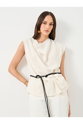 Styli Solid Cowl Neck Sleeveless Blouse